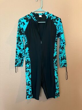 SBART Long-Sleeve One-Piece Swimsuit in Turquoise & Black
